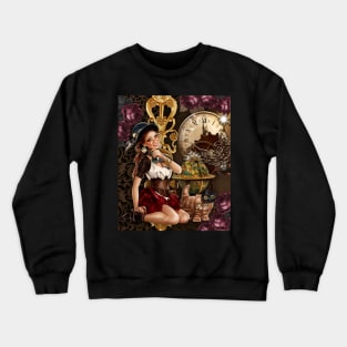 Steampunk Girl Kitten and Clock Crewneck Sweatshirt